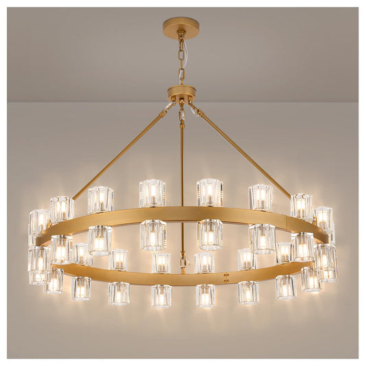 MeiYDeng 36" gold wagon wheel chandelier, 36 lights, crystal shades, farmhouse style for high ceilings.
