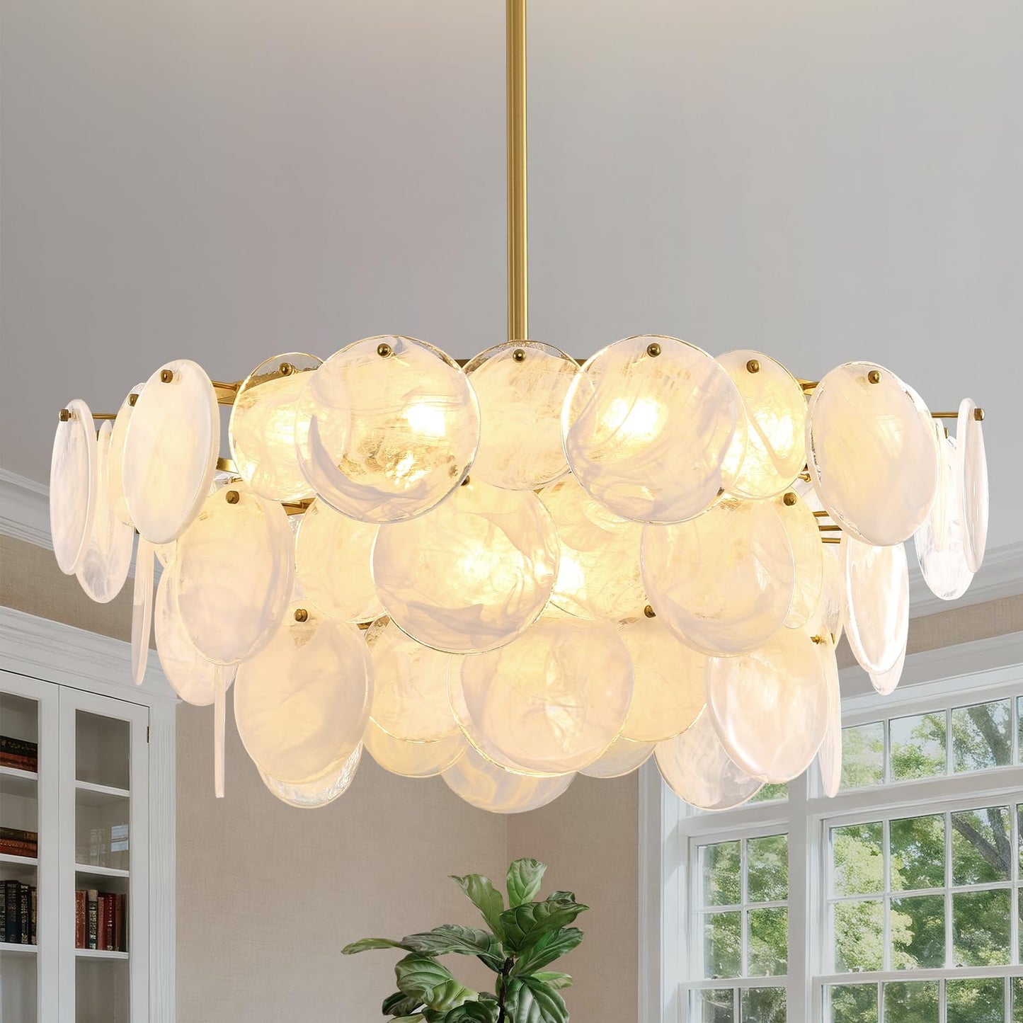 Large gold modern glass chandelier, 31.5", cloud glass shade, adjustable height, luxury fixture for multiple rooms.