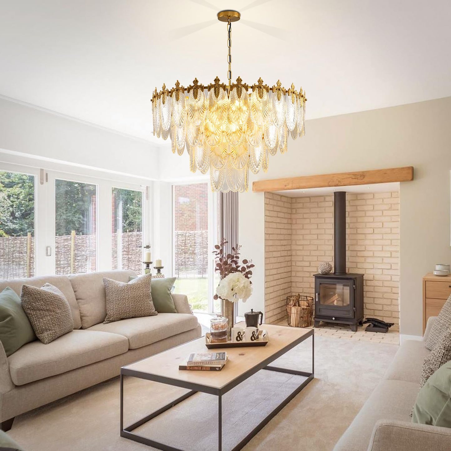 KELUOLY modern crystal chandelier, 4-layer gold glass, 12-light, 31.5", adjustable height, foyer/living/dining.