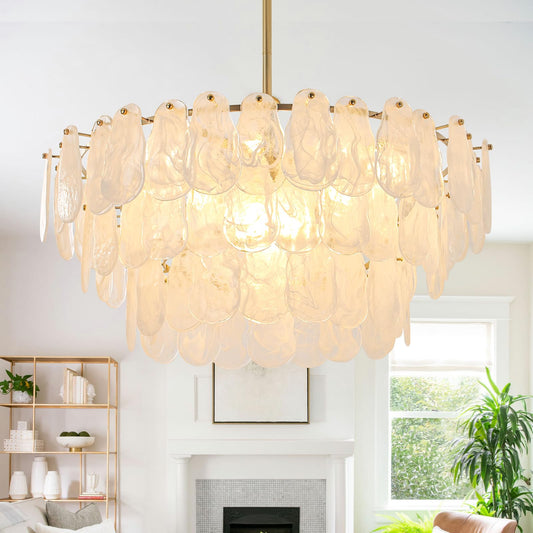 Modern 31.5" gold glass chandelier, 12-light cloud pendant, living/dining/foyer/staircase.