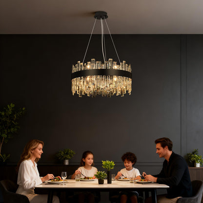 12-light luxury black crystal chandelier, 2-tier round design, 20", for dining room, bedroom, kitchen island.