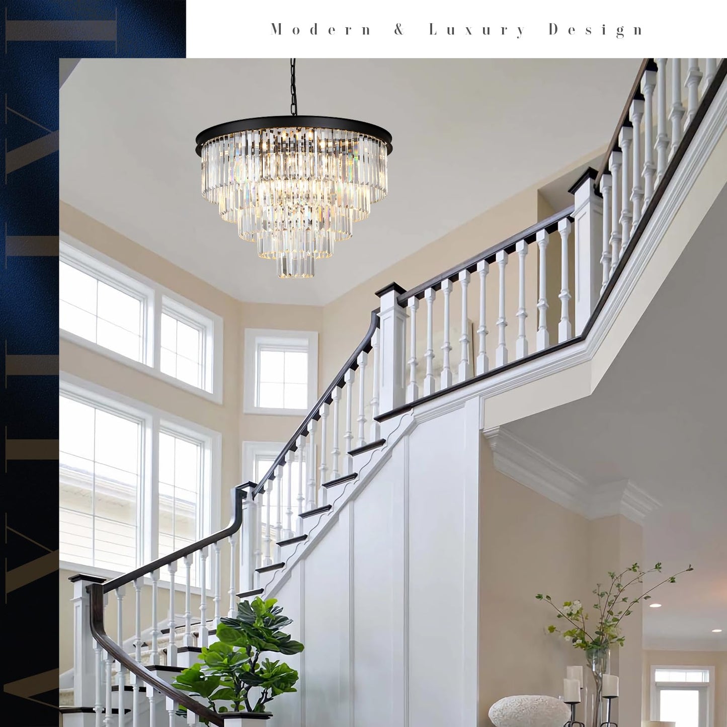 AXILIXI 30" black crystal chandelier, 5-tier K9 crystal, staircase/high ceiling luxury fixture.