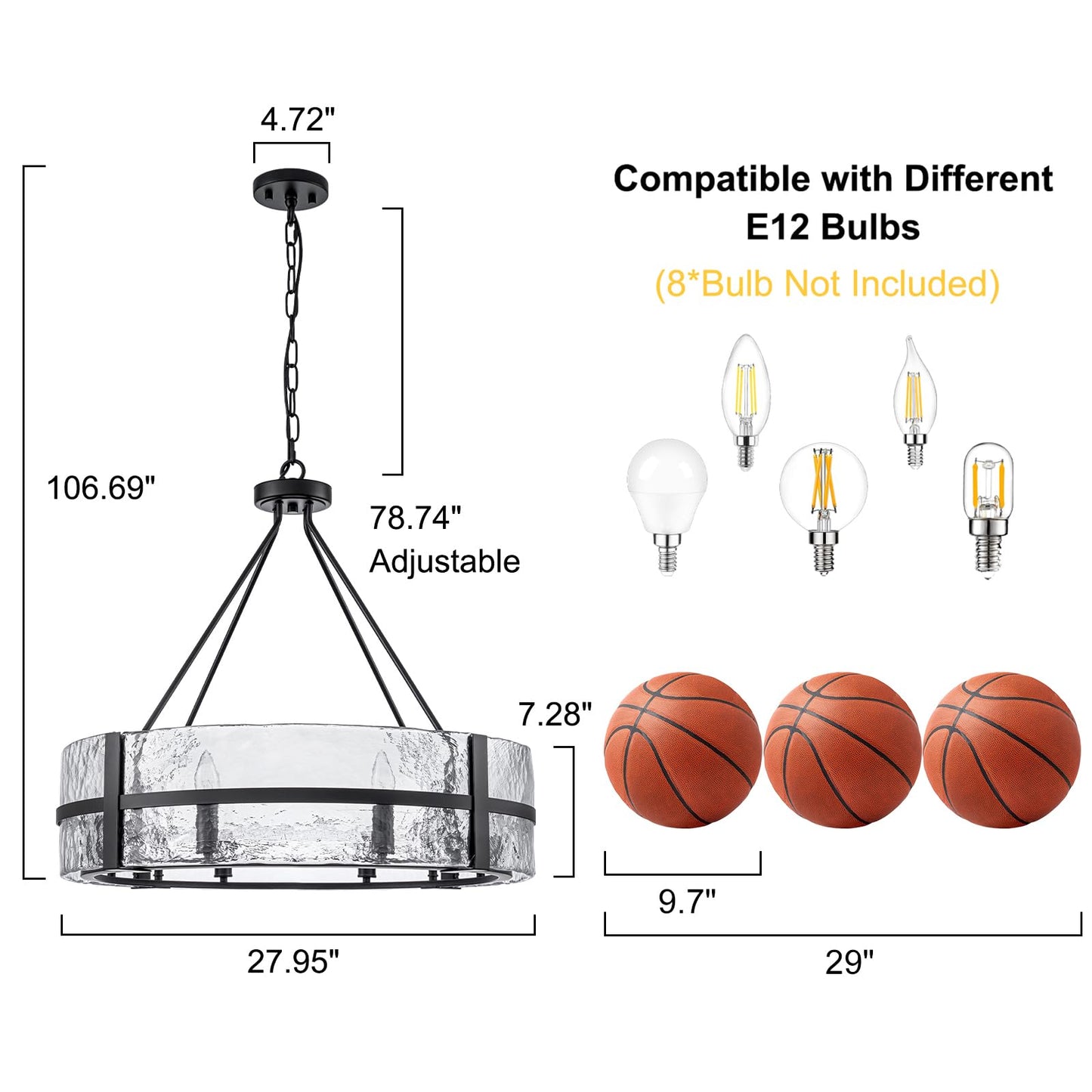 HUOKU 28" black glass chandelier, 8-light drum style, modern dining/foyer/living room pendant.