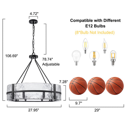 HUOKU 28" black glass chandelier, 8-light drum style, modern dining/foyer/living room pendant.
