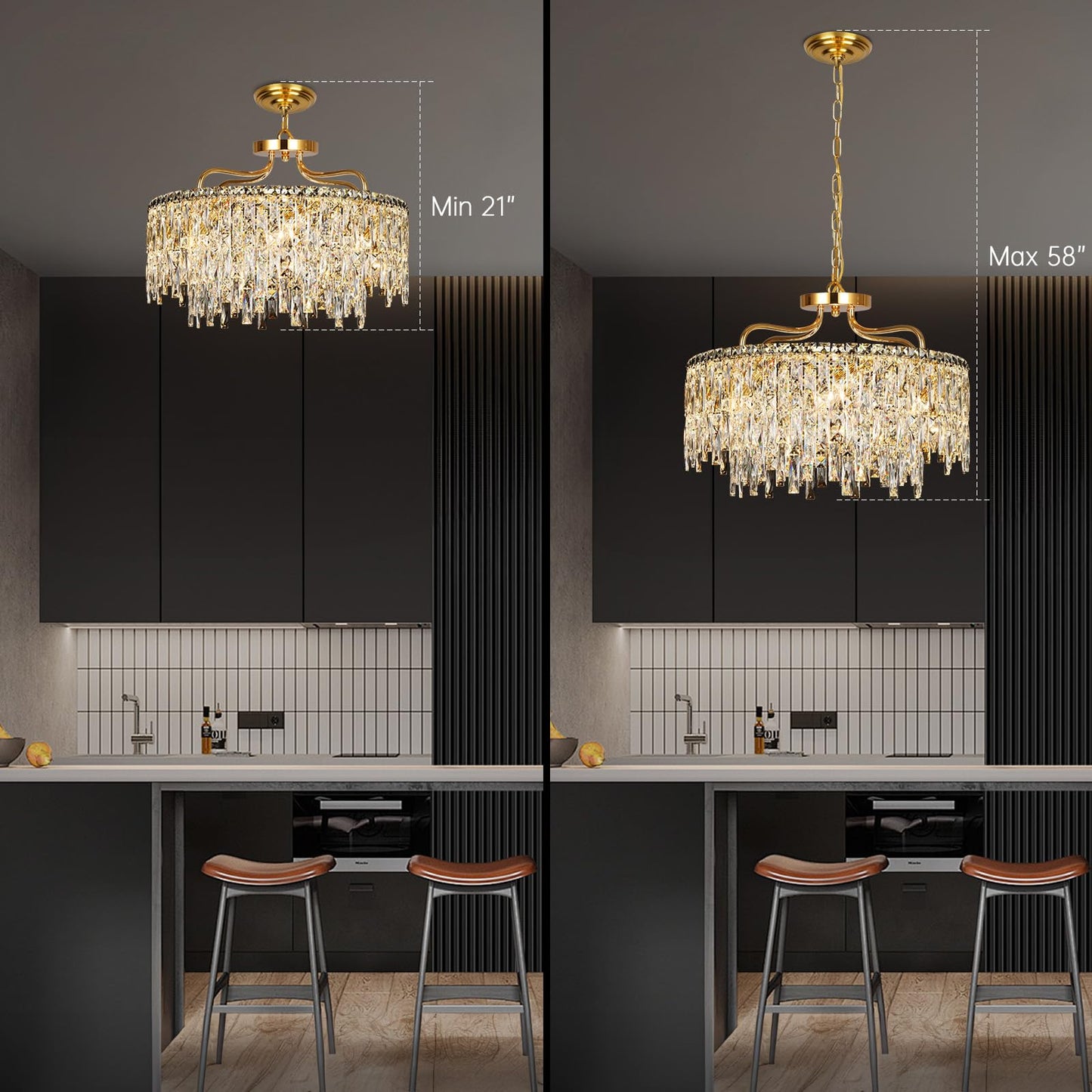NISIDUN 24" gold crystal chandelier, 8-light modern round, dining/bedroom/entryway.