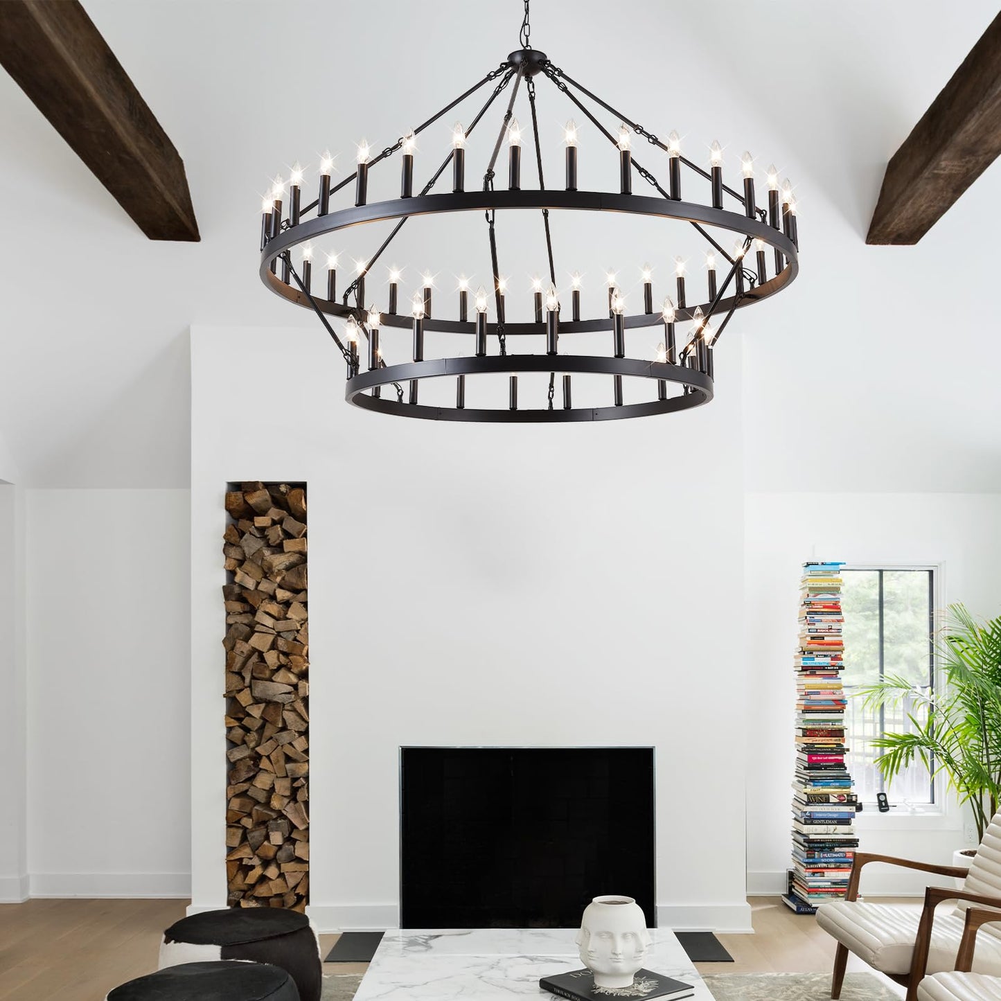 VBKK 60" black wagon wheel chandelier, 54-light 2-tier farmhouse industrial, very large spaces.