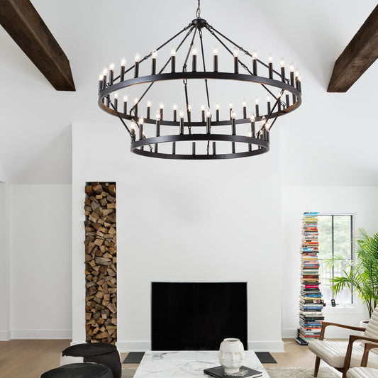 VBKK 60" black wagon wheel chandelier, 54-light 2-tier farmhouse industrial, very large spaces.
