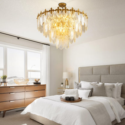 KELUOLY modern crystal chandelier, 4-layer gold glass, 12-light, 31.5", adjustable height, foyer/living/dining.