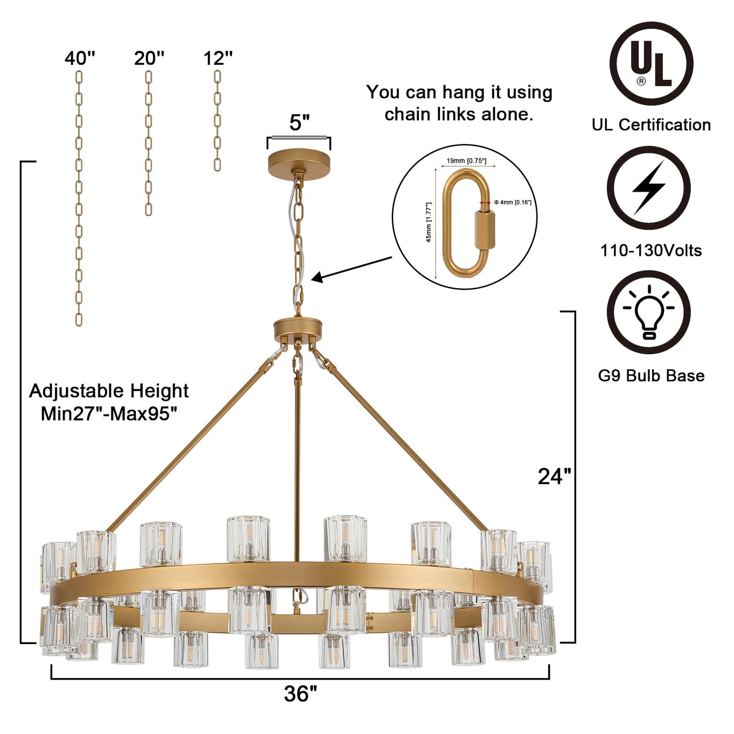 MeiYDeng 36" gold wagon wheel chandelier, 36 lights, crystal shades, farmhouse style for high ceilings.