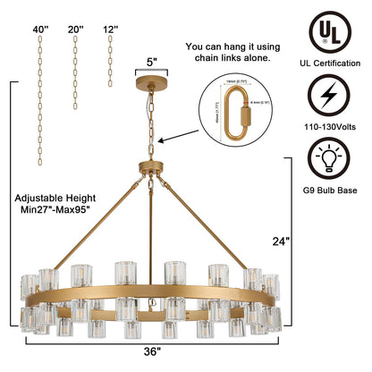 MeiYDeng 36" gold wagon wheel chandelier, 36 lights, crystal shades, farmhouse style for high ceilings.