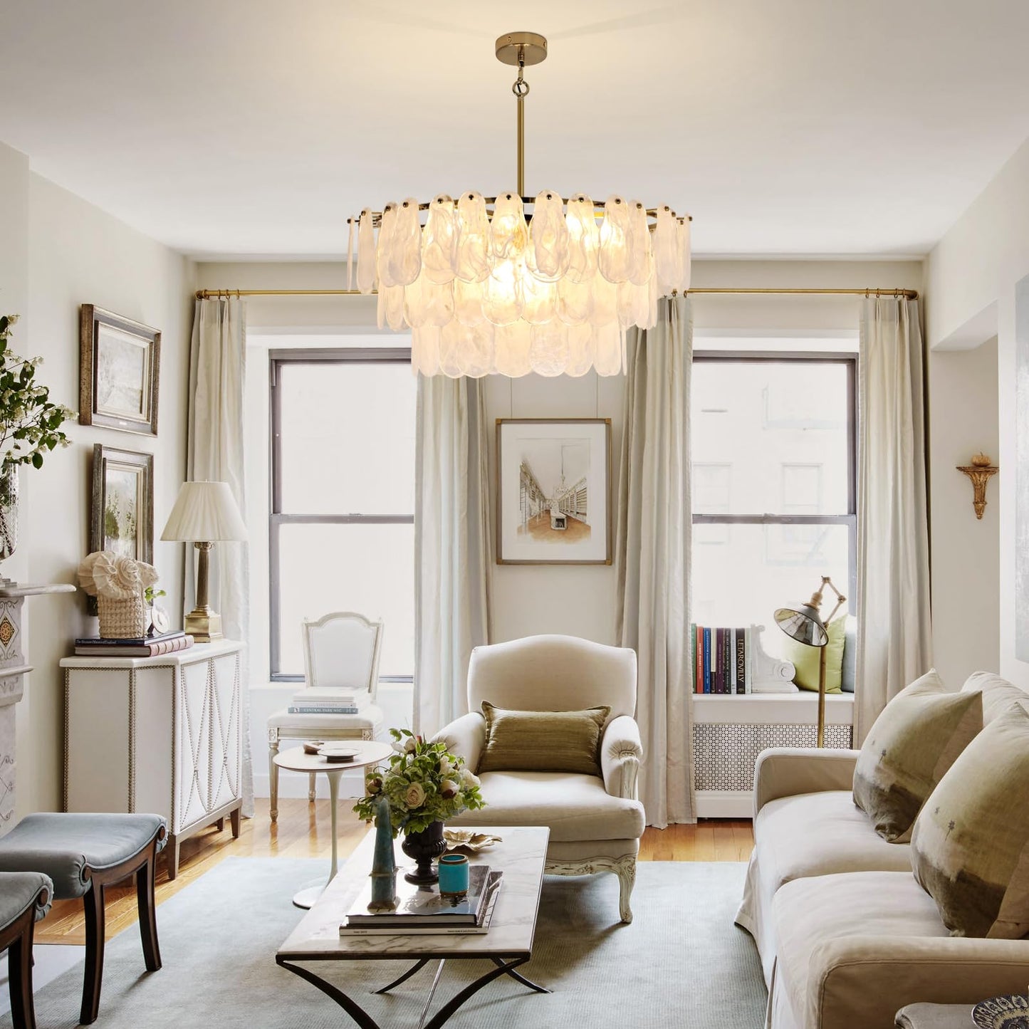 Modern 31.5" gold glass chandelier, 12-light cloud pendant, living/dining/foyer/staircase.