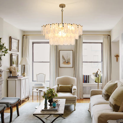 Modern 31.5" gold glass chandelier, 12-light cloud pendant, living/dining/foyer/staircase.