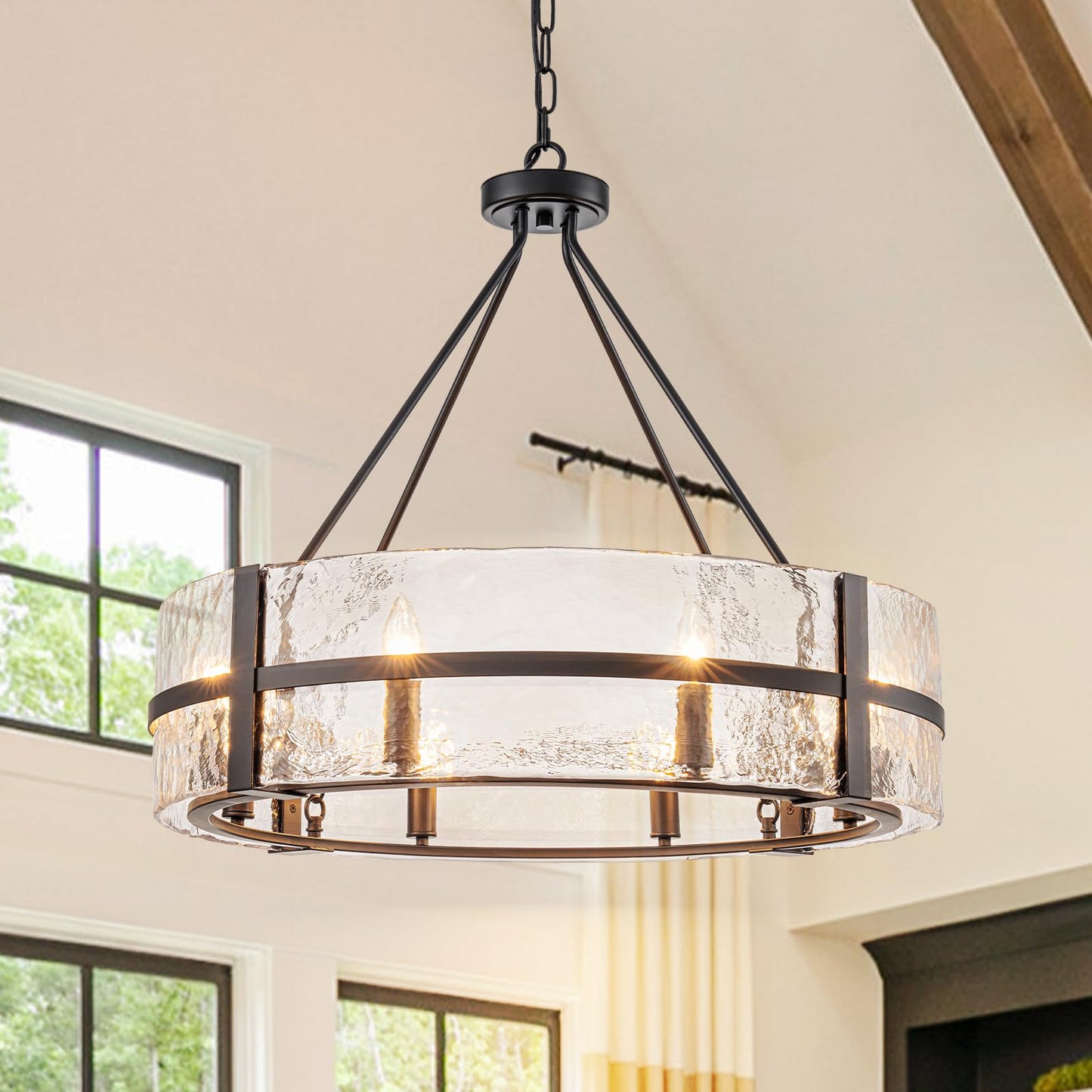 HUOKU 28" black glass chandelier, 8-light drum style, modern dining/foyer/living room pendant.