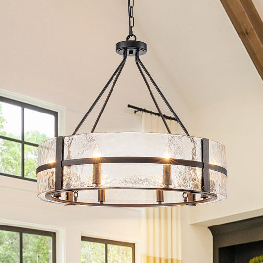 HUOKU 28" black glass chandelier, 8-light drum style, modern dining/foyer/living room pendant.