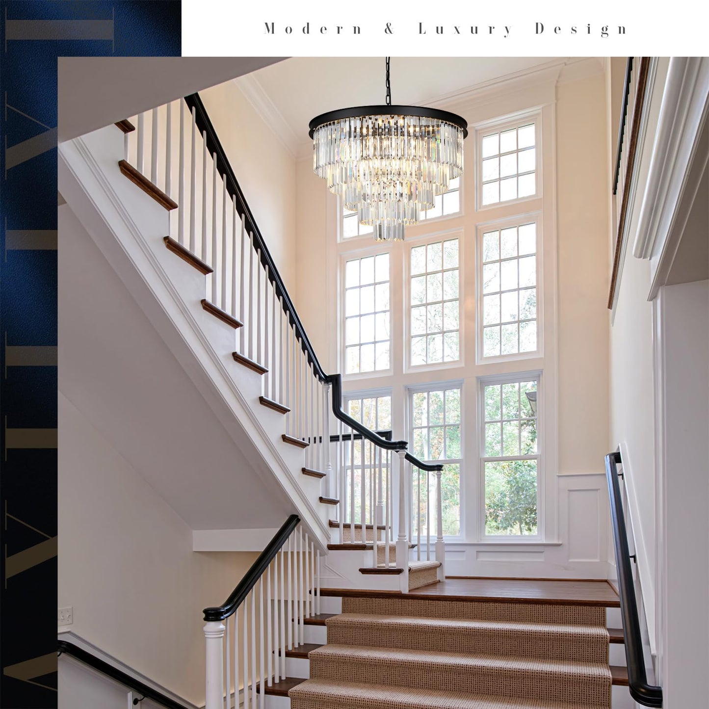 AXILIXI 30" black crystal chandelier, 5-tier K9 crystal, staircase/high ceiling luxury fixture.