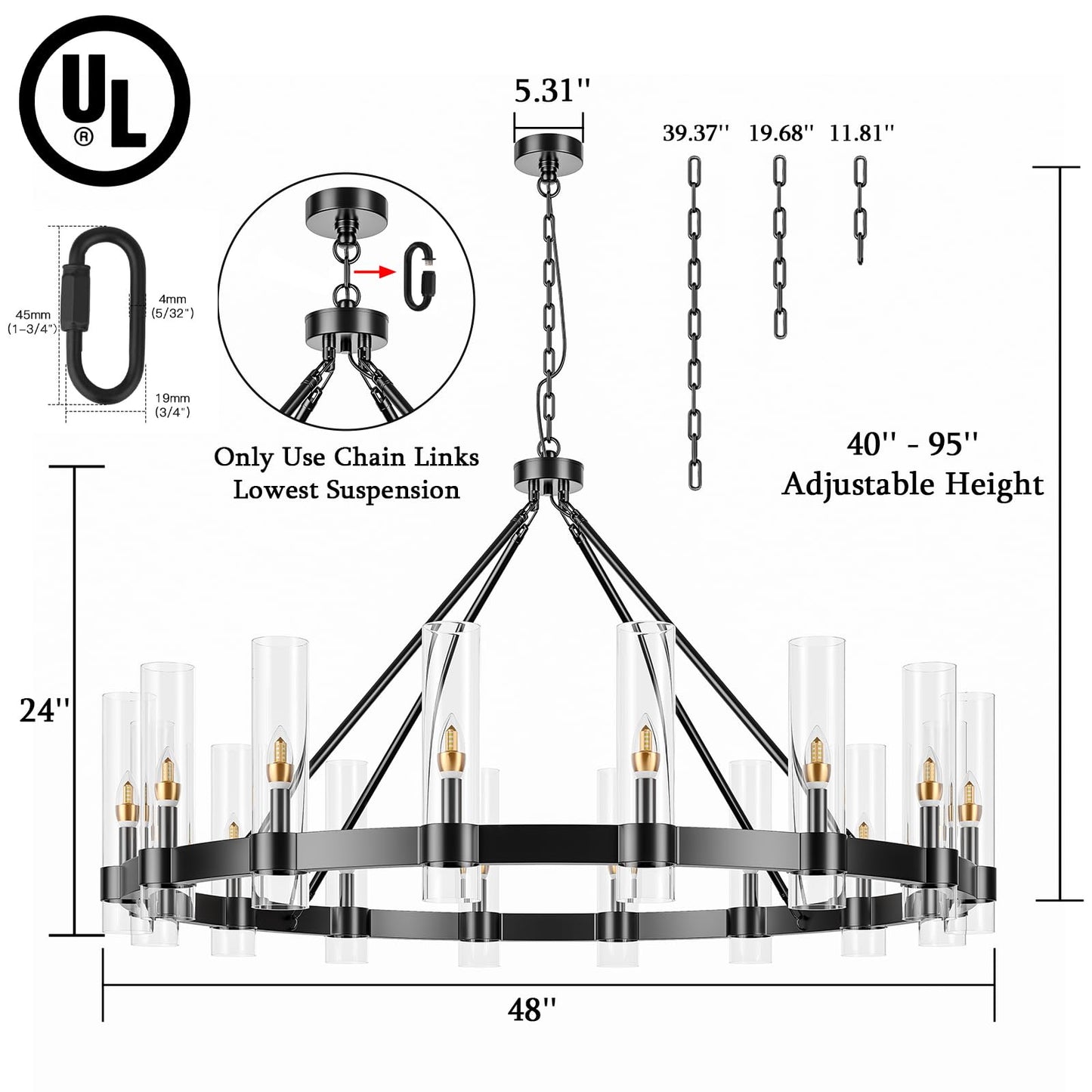 AEULYTIR 48" black wagon wheel chandelier, 16-light farmhouse style, dining/kitchen/entry.
