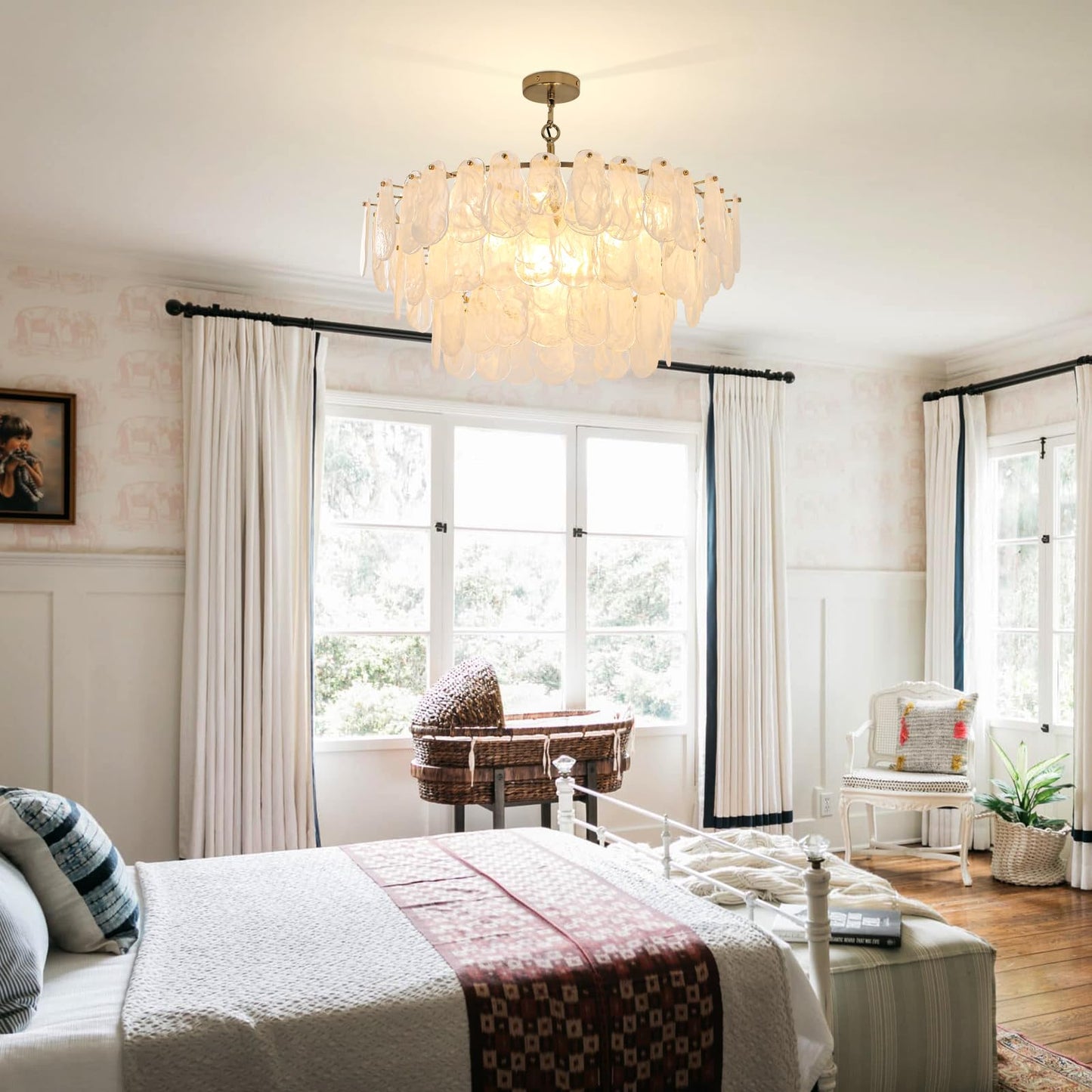 Modern 31.5" gold glass chandelier, 12-light cloud pendant, living/dining/foyer/staircase.