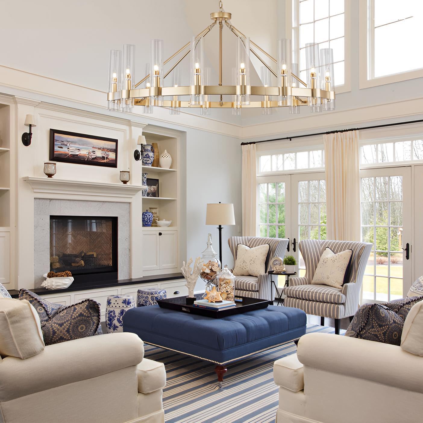 Vimatto gold wagon wheel chandelier, D50, glass shape, large round pendant for high ceilings, living/dining room, gold finish.