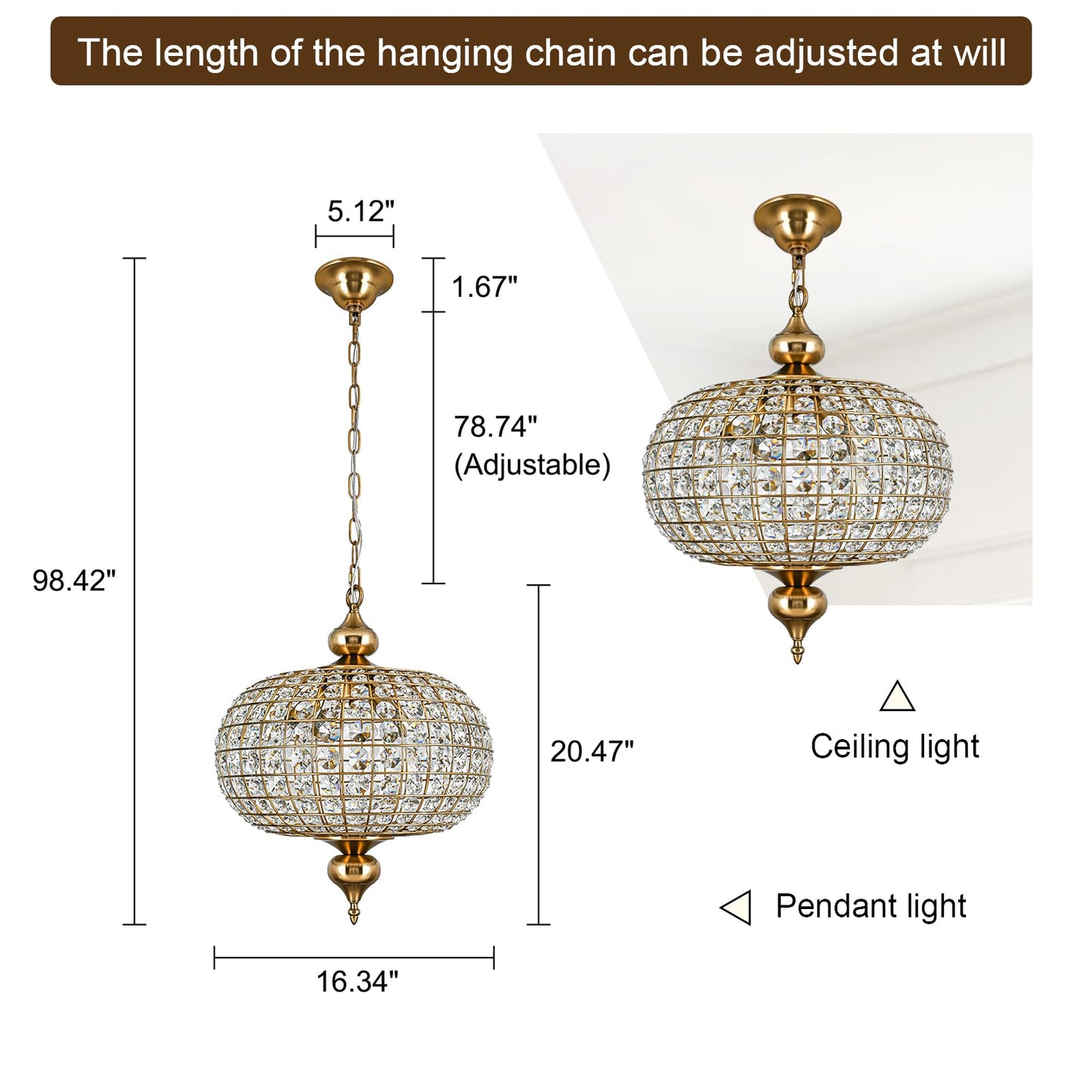 HUOKU 16.5" gold crystal chandelier, 4-light round globe style, foyer/dining/bedroom.