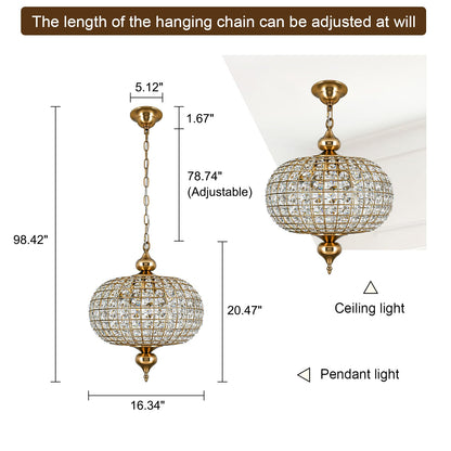 HUOKU 16.5" gold crystal chandelier, 4-light round globe style, foyer/dining/bedroom.