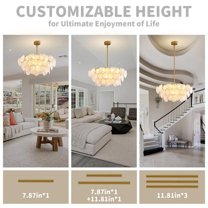 Large gold modern glass chandelier, 31.5", cloud glass shade, adjustable height, luxury fixture for multiple rooms.