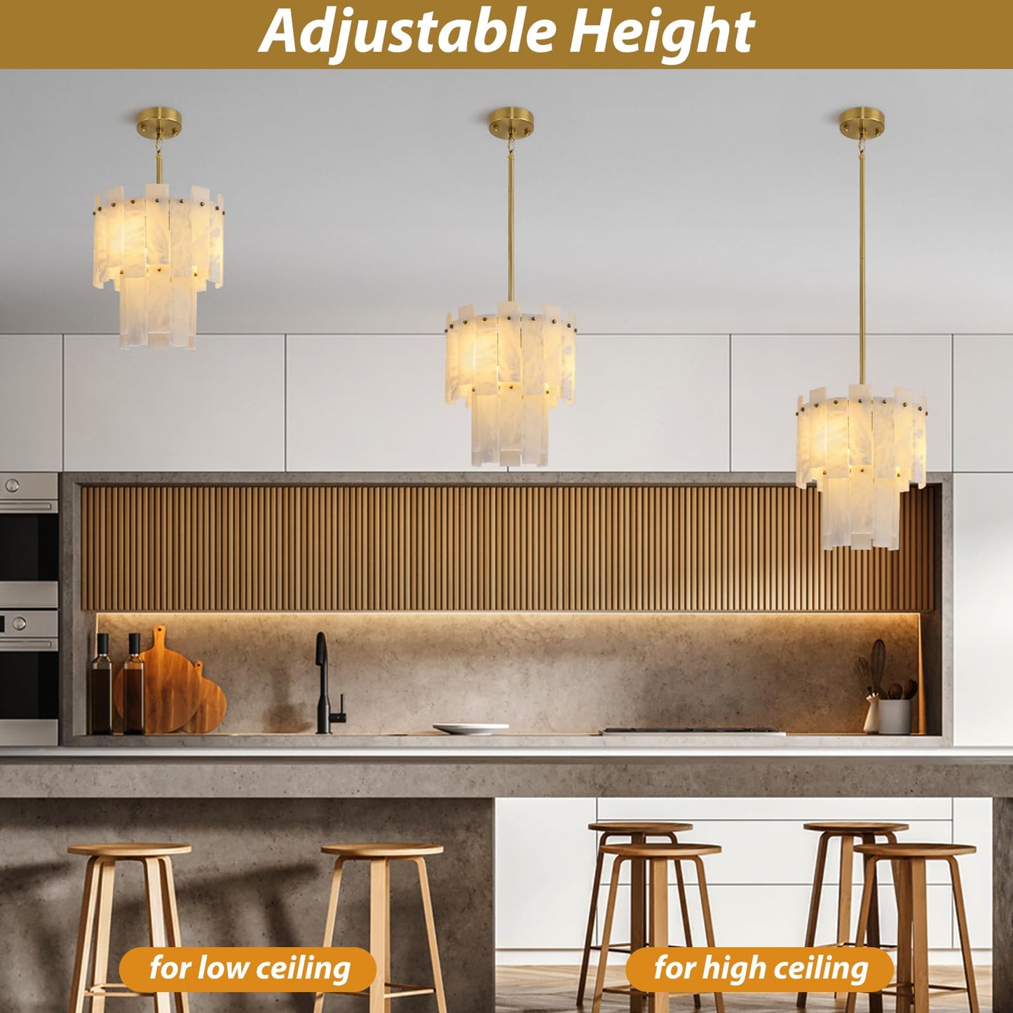 PIOUTNF 13" alabaster gold chandelier, 2-tier Spanish style, warm white, small modern pendant.