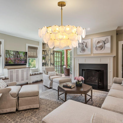 Large gold modern glass chandelier, 31.5", cloud glass shade, adjustable height, luxury fixture for multiple rooms.