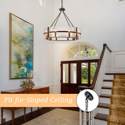 HUOKU 28" black glass chandelier, 8-light drum style, modern dining/foyer/living room pendant.