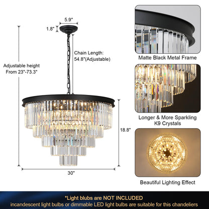 AXILIXI 30" black crystal chandelier, 5-tier K9 crystal, staircase/high ceiling luxury fixture.