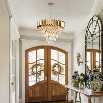 AXILIXI 24" gold crystal chandelier, 5-tier raindrop style, luxury staircase/foyer lighting.
