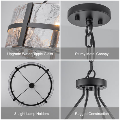 HUOKU 28" black glass chandelier, 8-light drum style, modern dining/foyer/living room pendant.
