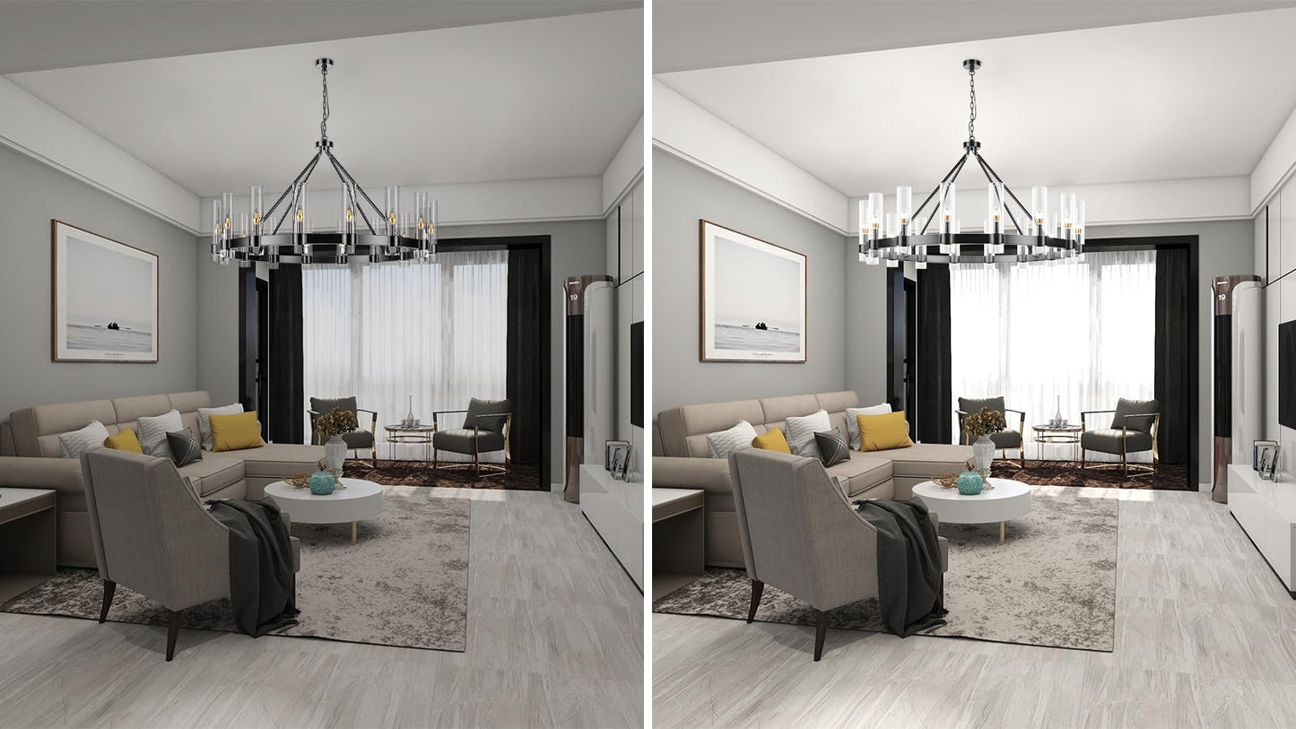 AEULYTIR 48" black wagon wheel chandelier, 16-light farmhouse style, dining/kitchen/entry.