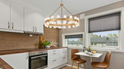 MeiYDeng 36" gold wagon wheel chandelier, 36 lights, crystal shades, farmhouse style for high ceilings.