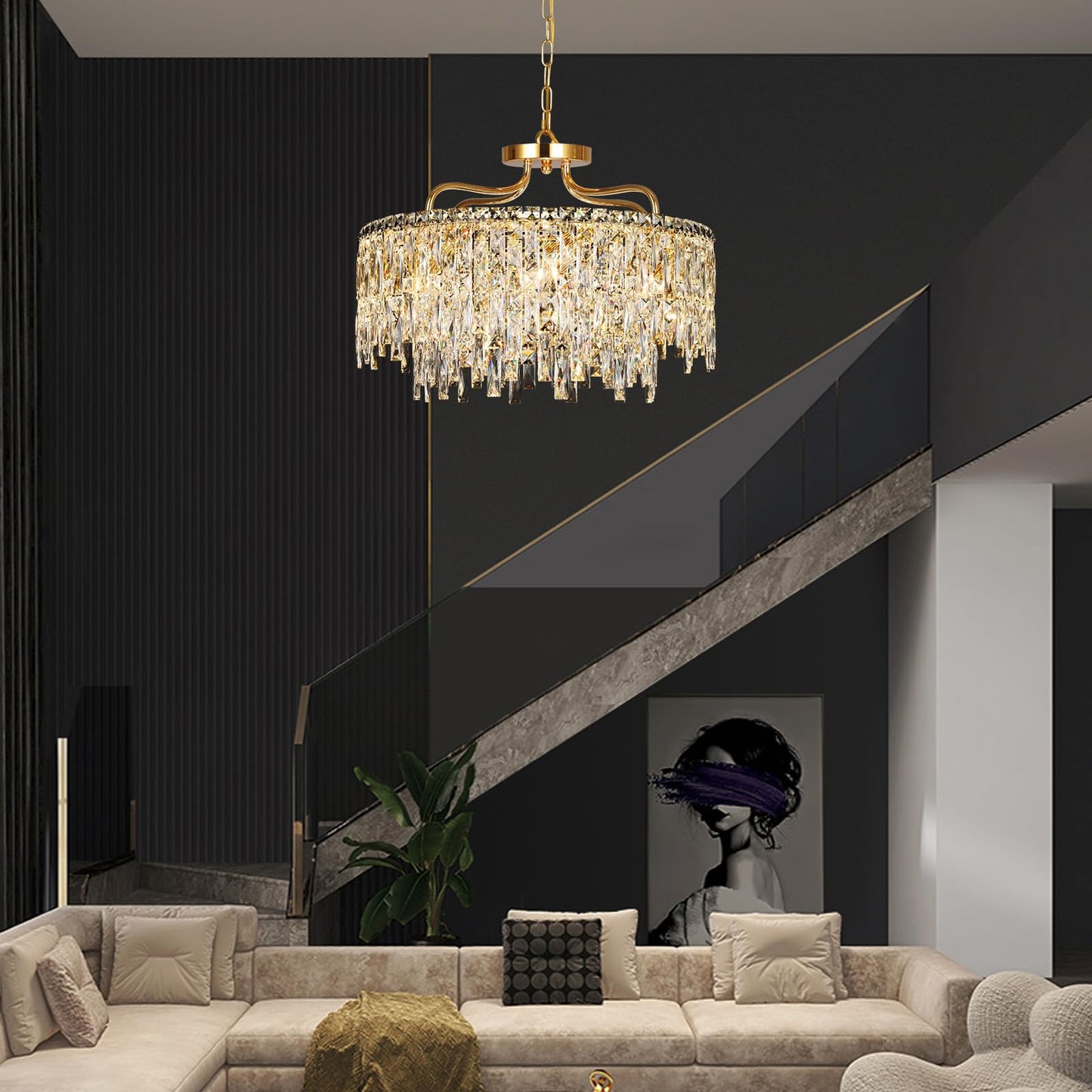 NISIDUN 24" gold crystal chandelier, 8-light modern round, dining/bedroom/entryway.