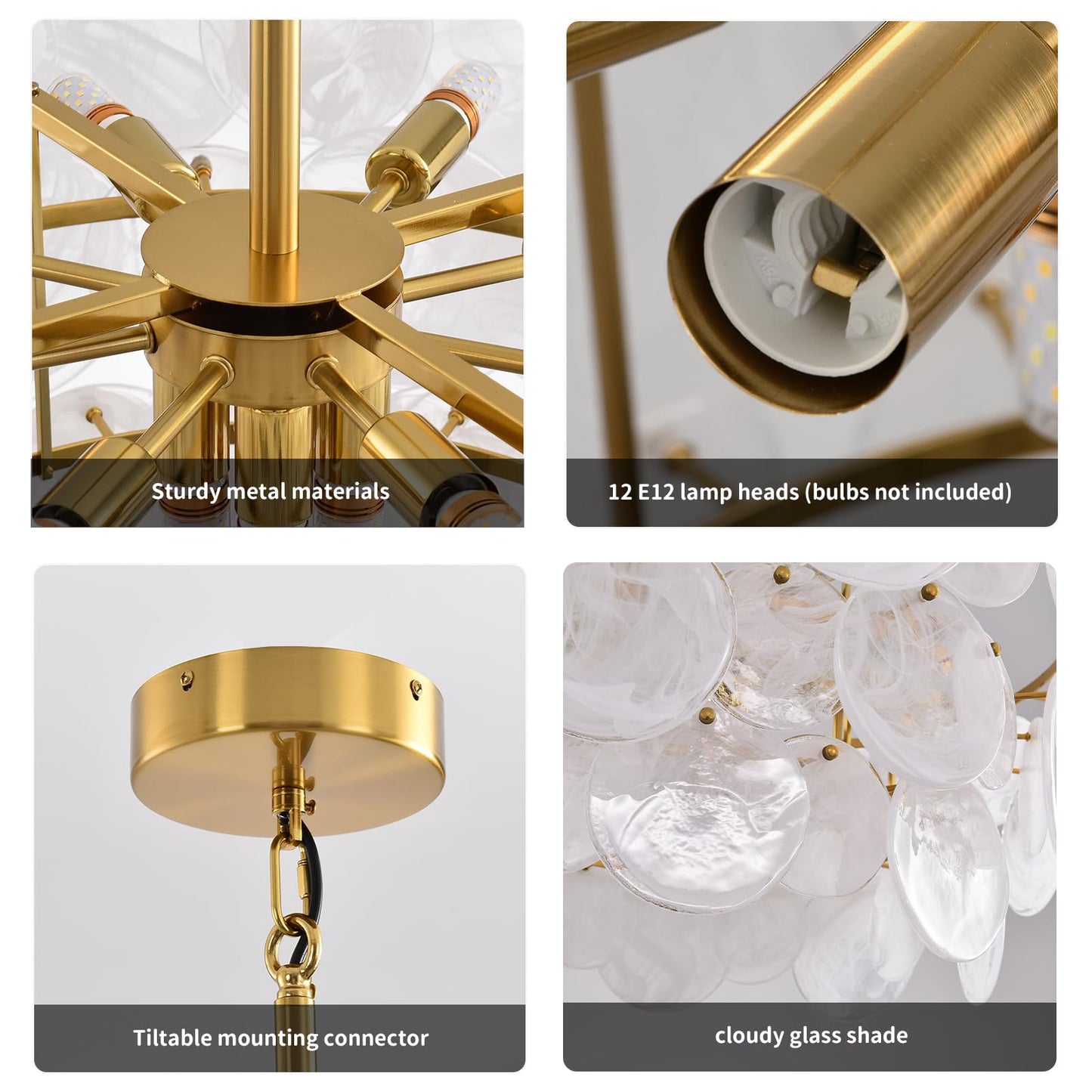 Large gold modern glass chandelier, 31.5", cloud glass shade, adjustable height, luxury fixture for multiple rooms.