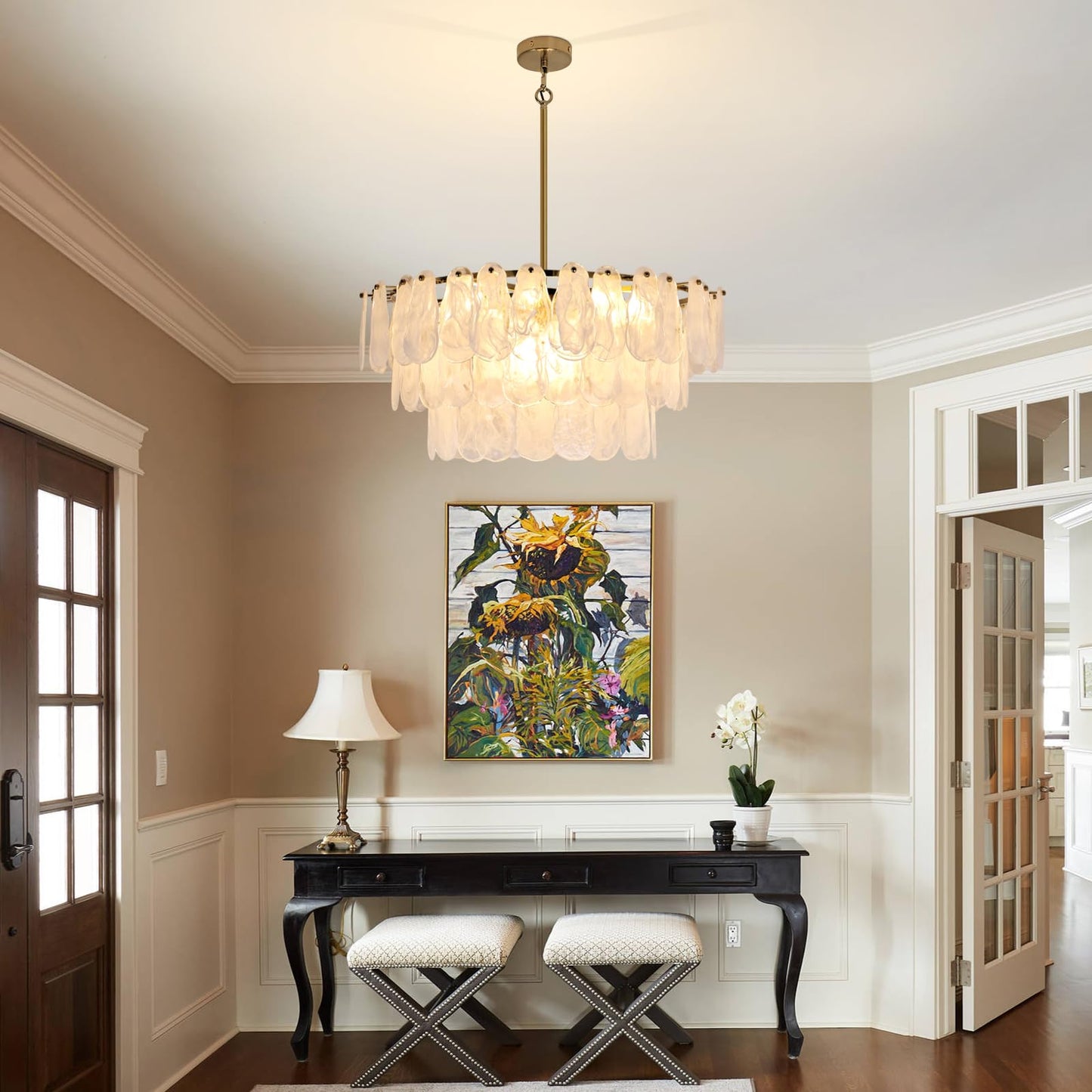 Modern 31.5" gold glass chandelier, 12-light cloud pendant, living/dining/foyer/staircase.
