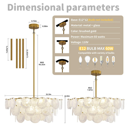 Large gold modern glass chandelier, 31.5", cloud glass shade, adjustable height, luxury fixture for multiple rooms.