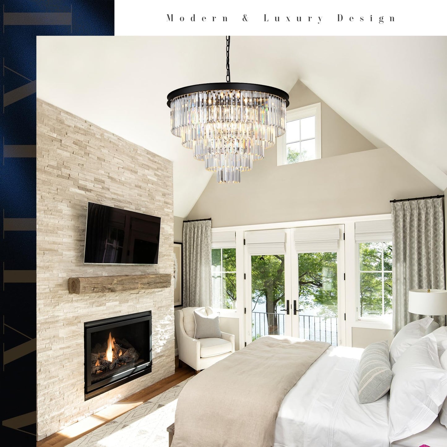 AXILIXI 30" black crystal chandelier, 5-tier K9 crystal, staircase/high ceiling luxury fixture.