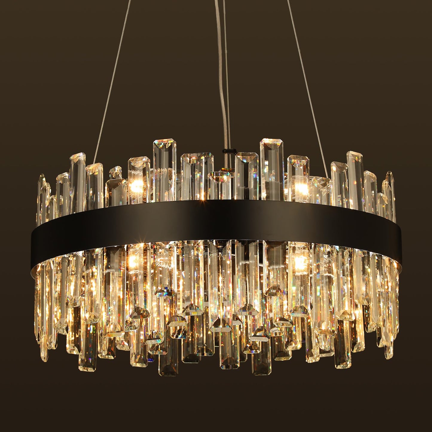 12-light luxury black crystal chandelier, 2-tier round design, 20", for dining room, bedroom, kitchen island.