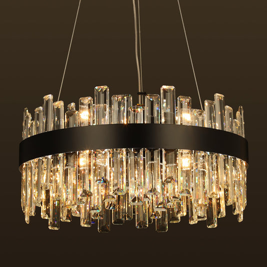 12-light luxury black crystal chandelier, 2-tier round design, 20", for dining room, bedroom, kitchen island.