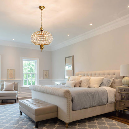 HUOKU 16.5" gold crystal chandelier, 4-light round globe style, foyer/dining/bedroom.