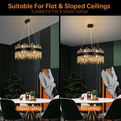 12-light luxury black crystal chandelier, 2-tier round design, 20", for dining room, bedroom, kitchen island.