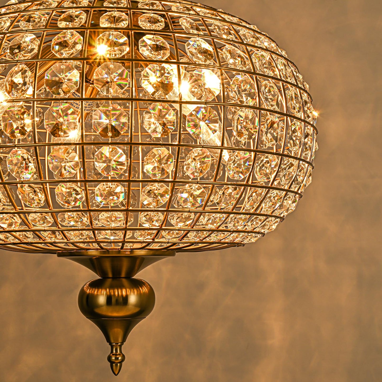 HUOKU 16.5" gold crystal chandelier, 4-light round globe style, foyer/dining/bedroom.