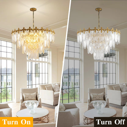 KELUOLY modern crystal chandelier, 4-layer gold glass, 12-light, 31.5", adjustable height, foyer/living/dining.