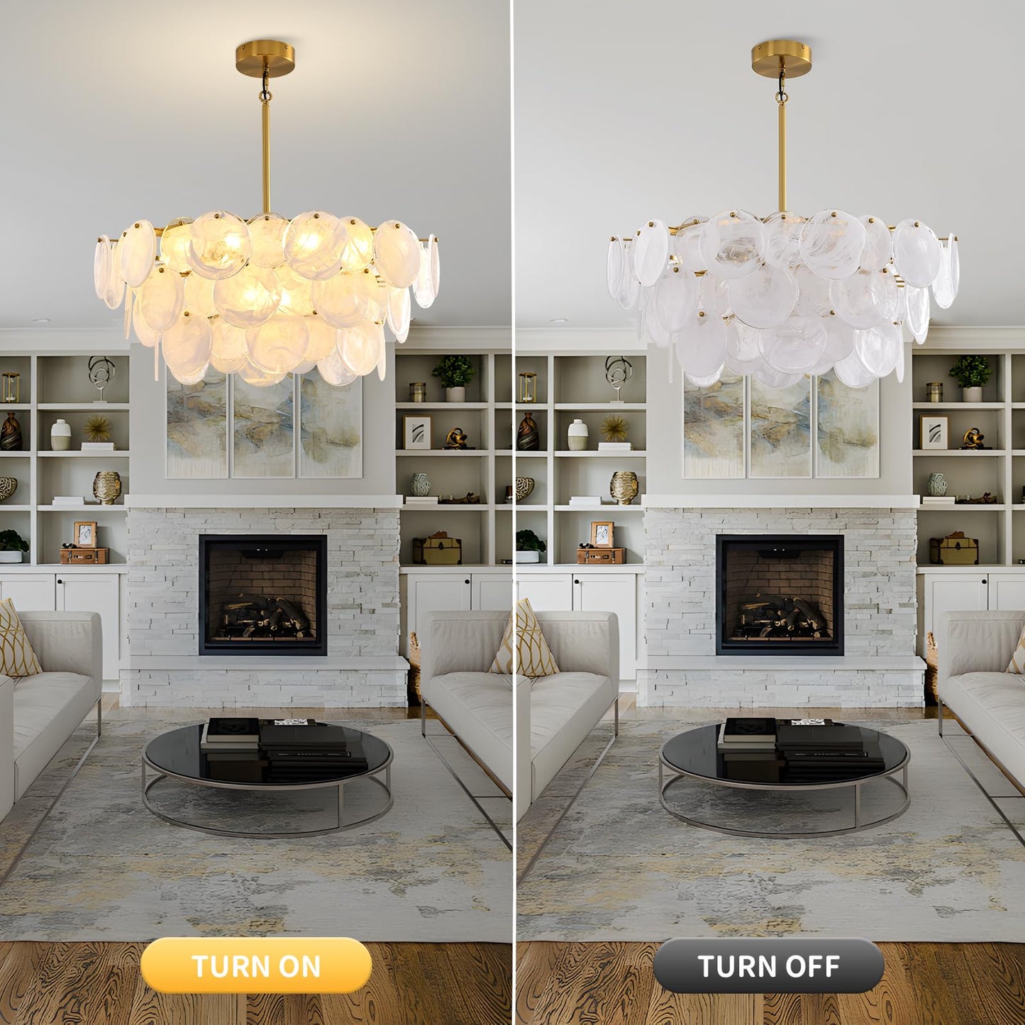 Large gold modern glass chandelier, 31.5", cloud glass shade, adjustable height, luxury fixture for multiple rooms.