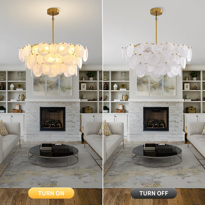 Large gold modern glass chandelier, 31.5", cloud glass shade, adjustable height, luxury fixture for multiple rooms.