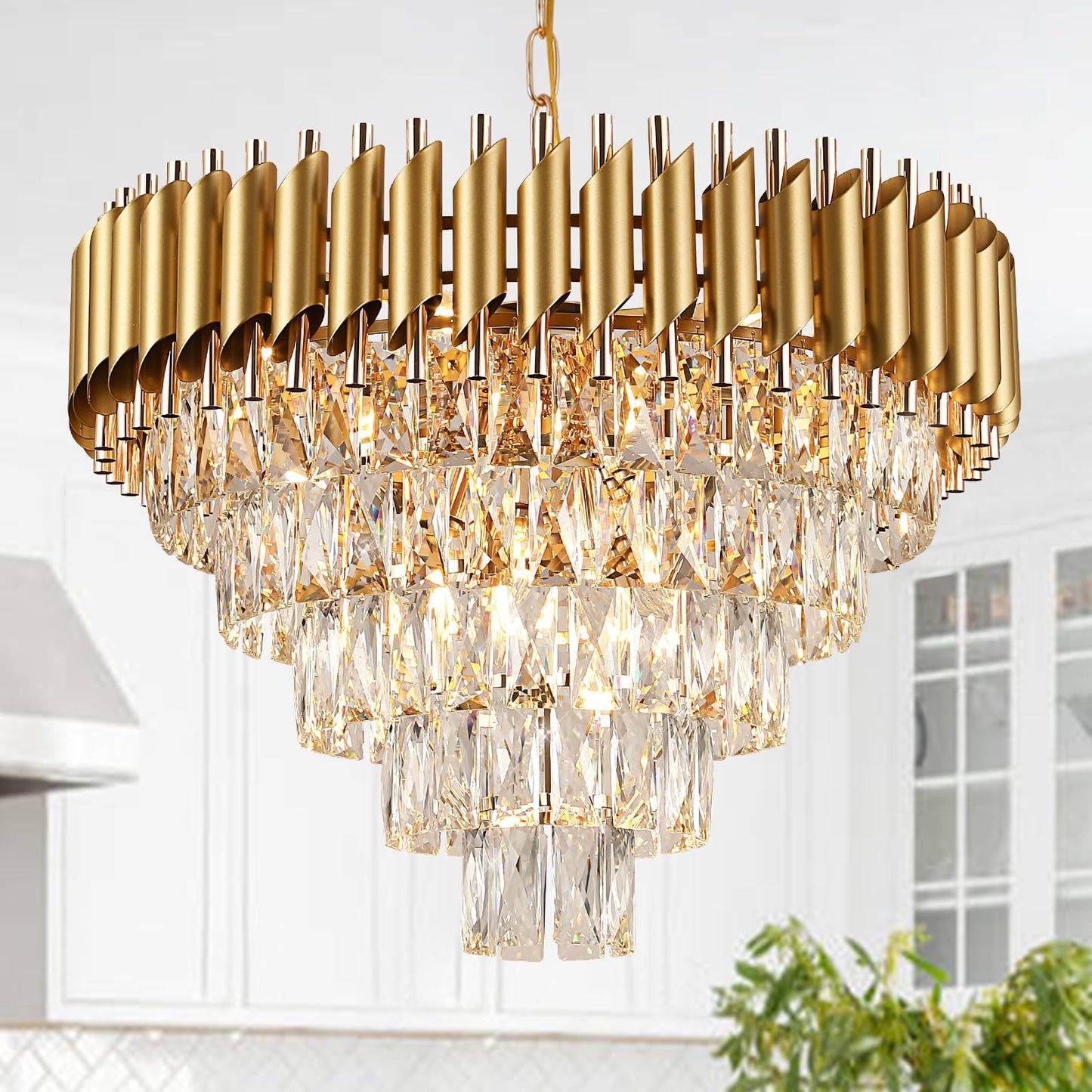 AXILIXI 24" gold crystal chandelier, 5-tier raindrop style, luxury staircase/foyer lighting.