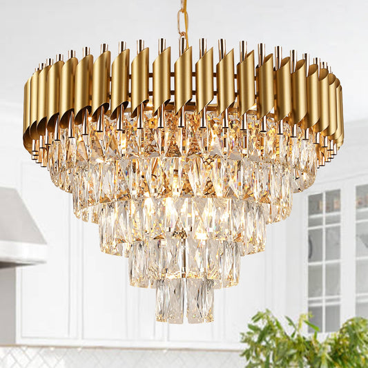 AXILIXI 24" gold crystal chandelier, 5-tier raindrop style, luxury staircase/foyer lighting.