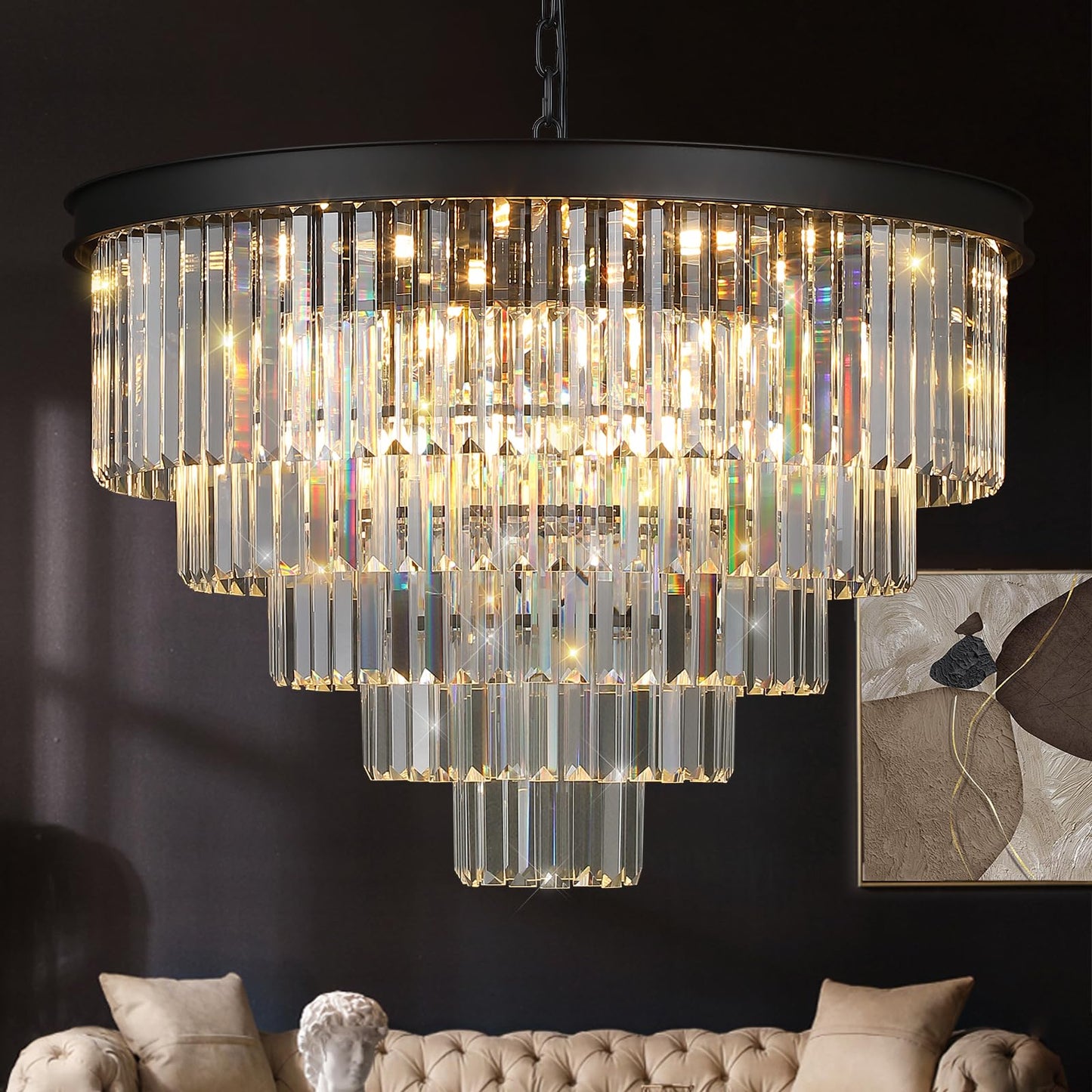 AXILIXI 30" black crystal chandelier, 5-tier K9 crystal, staircase/high ceiling luxury fixture.