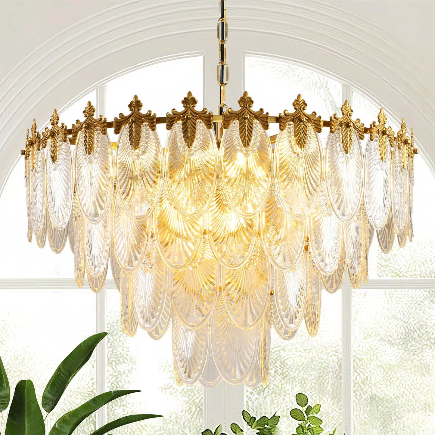 KELUOLY modern crystal chandelier, 4-layer gold glass, 12-light, 31.5", adjustable height, foyer/living/dining.